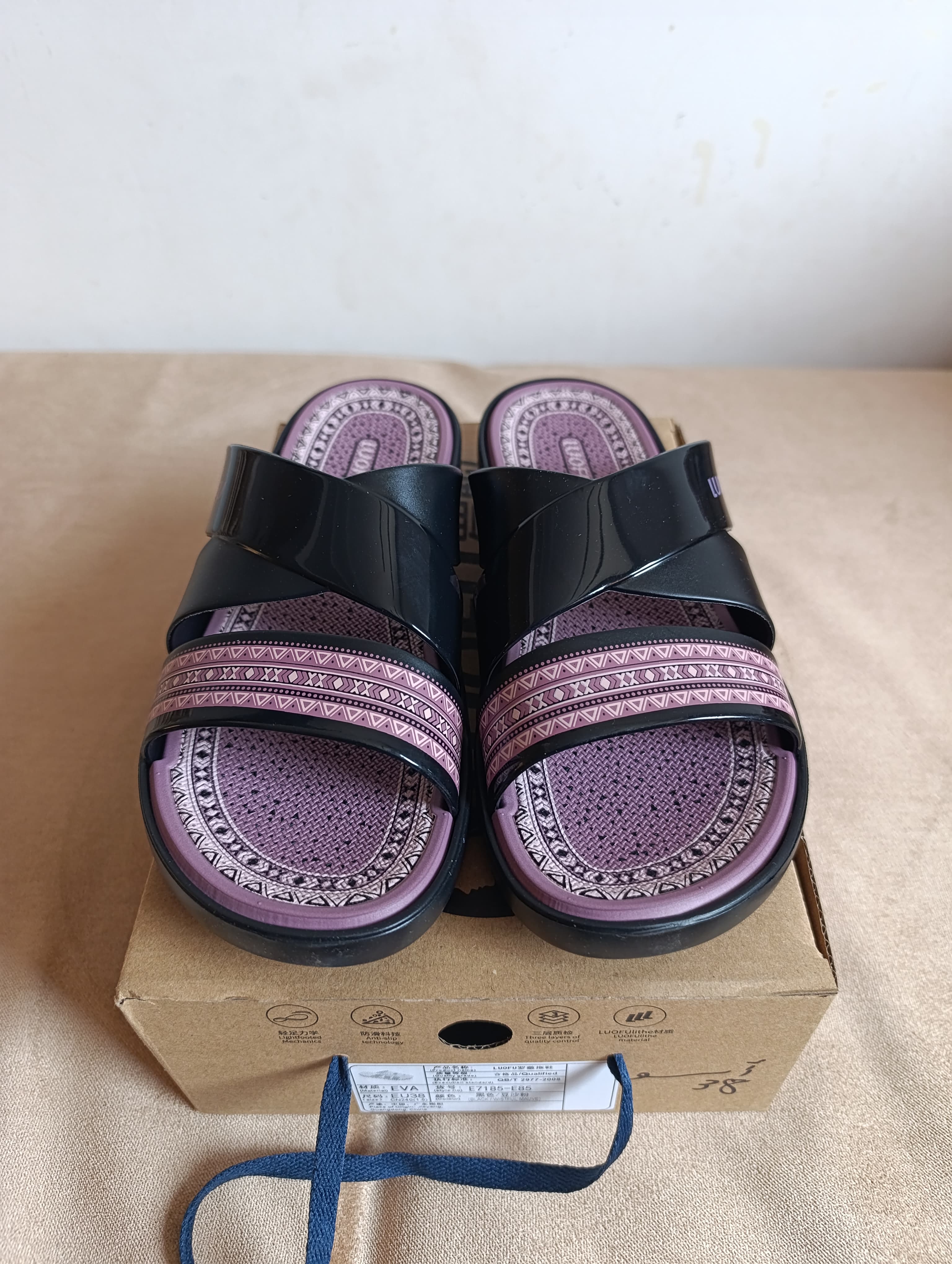 Sandales Femme LUOFU – Noir & Motif Ethnique Mauve
