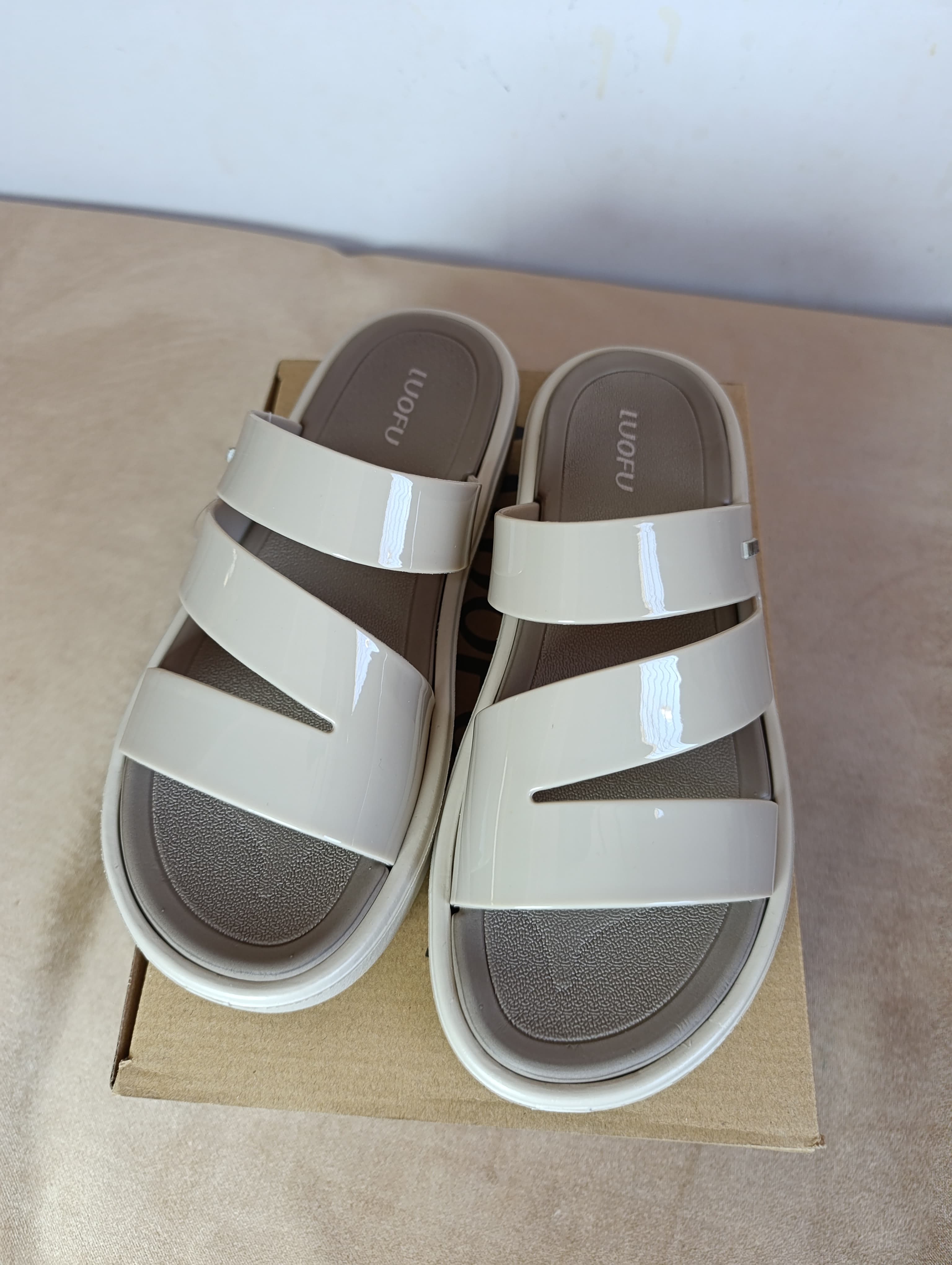 Sandales Femme LUOFU – Beige Crème Double Bride Découpée