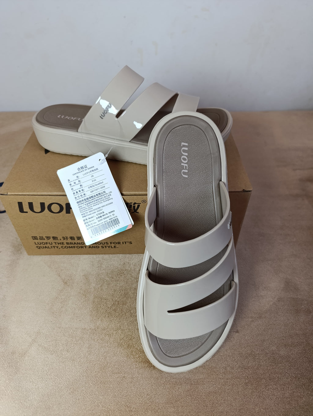 Sandales Femme LUOFU – Beige Crème Double Bride Découpée