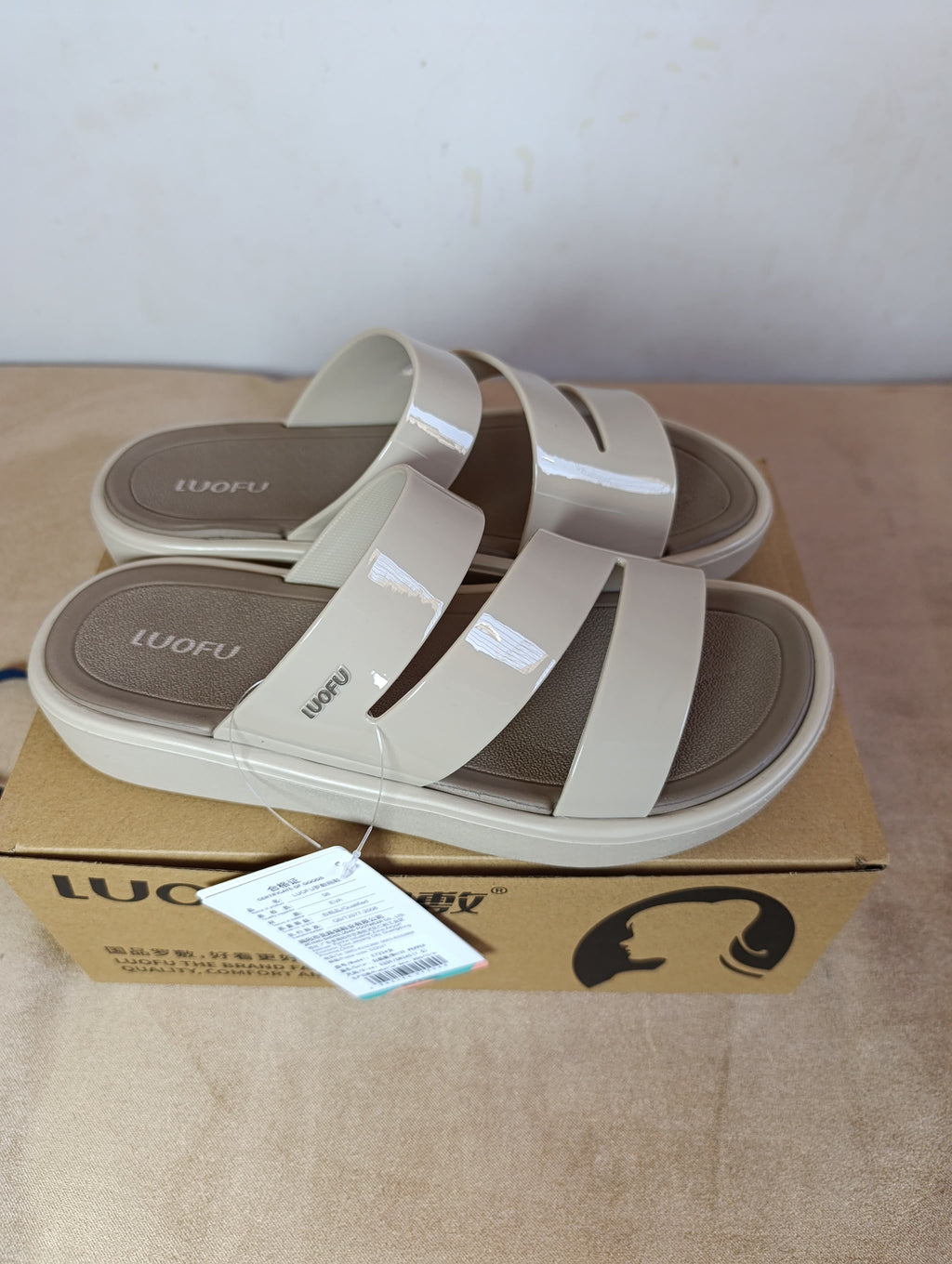 Sandales Femme LUOFU – Beige Crème Double Bride Découpée