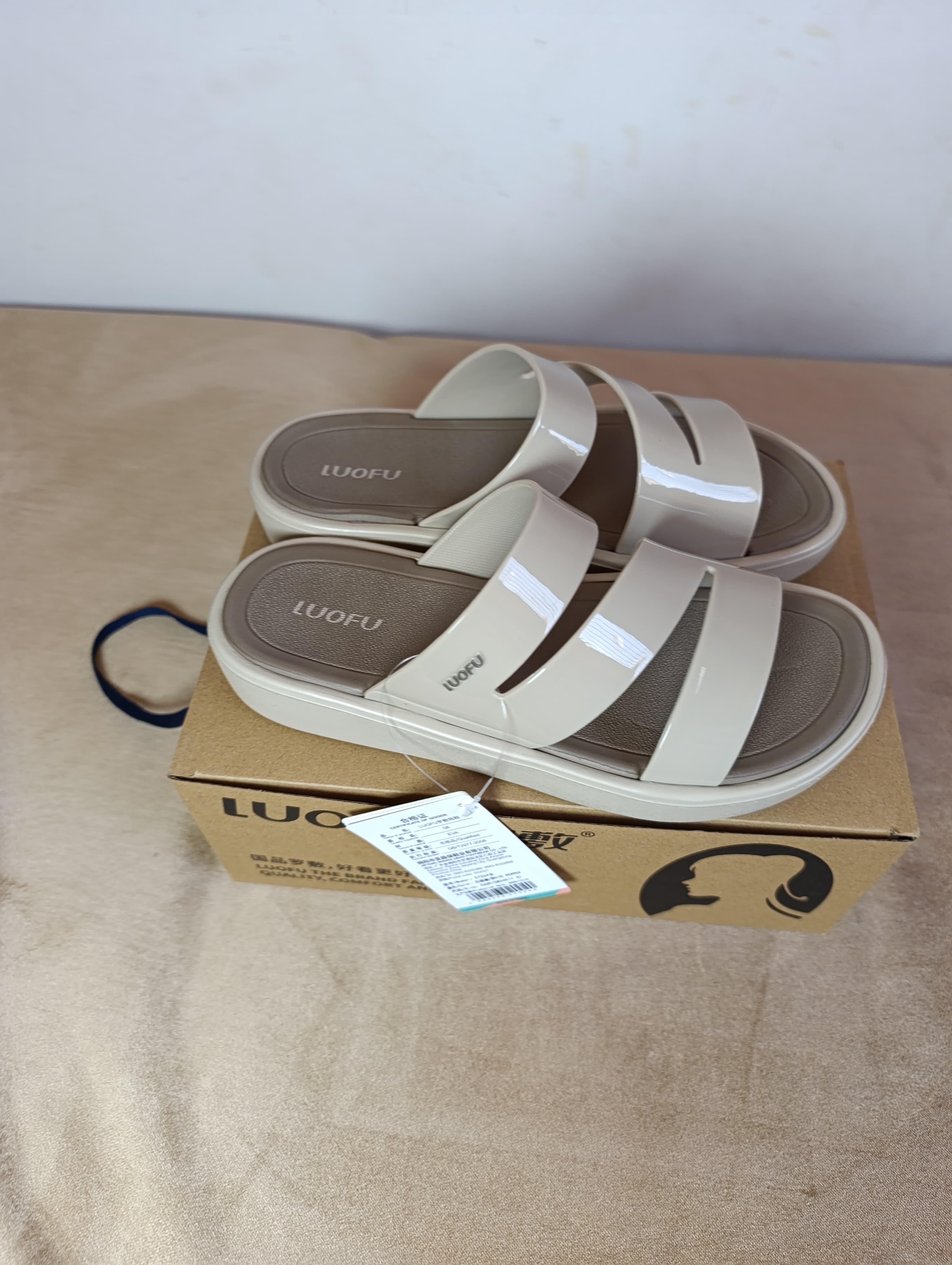 Sandales Femme LUOFU – Beige Crème Double Bride Découpée